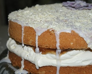 Beautiful Victoria Sponge with Cardamom, Rose Cream and Rhubarb